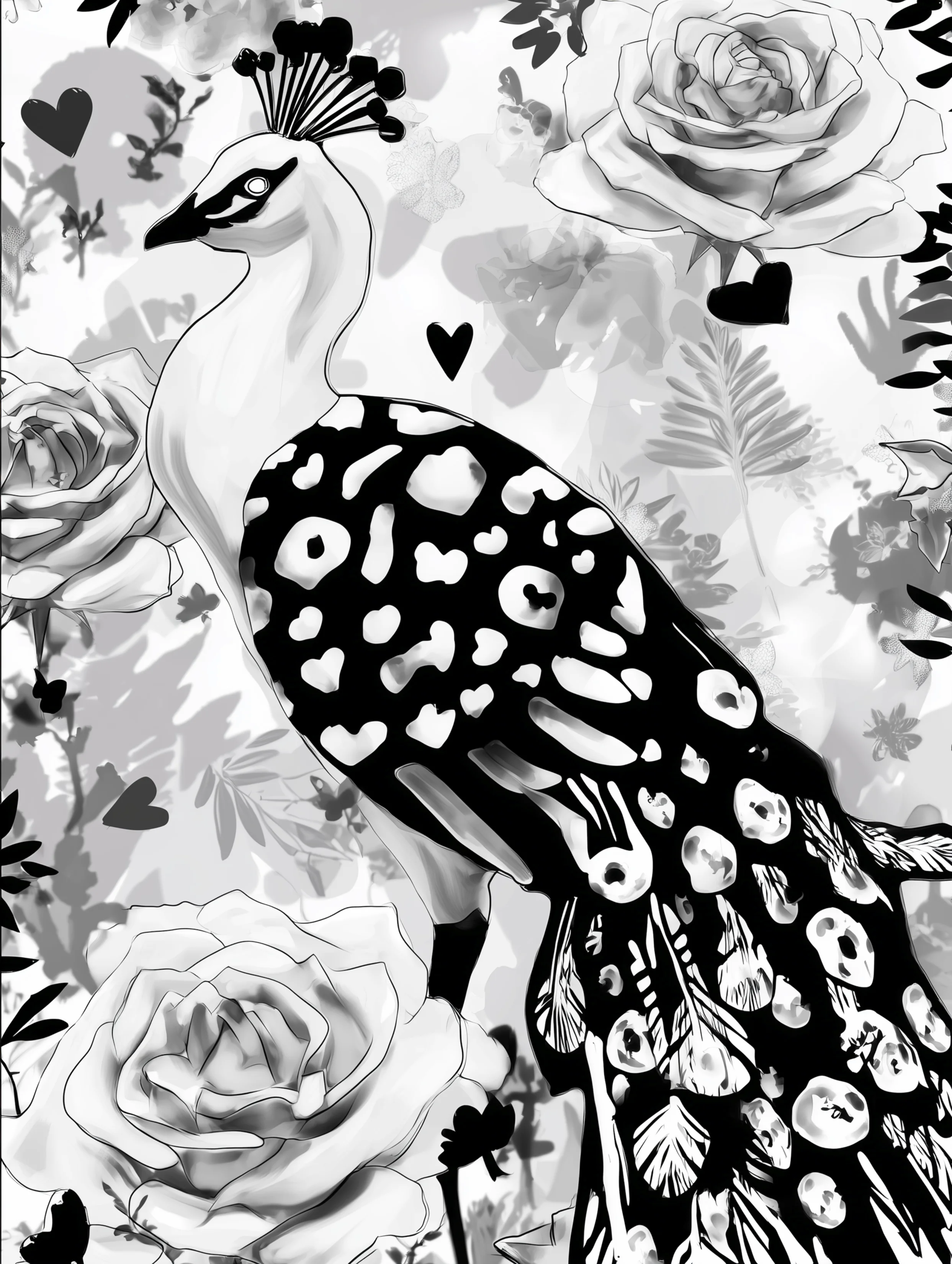 Free printable coloring page of peacock for adults featuring black lined eyes peacock